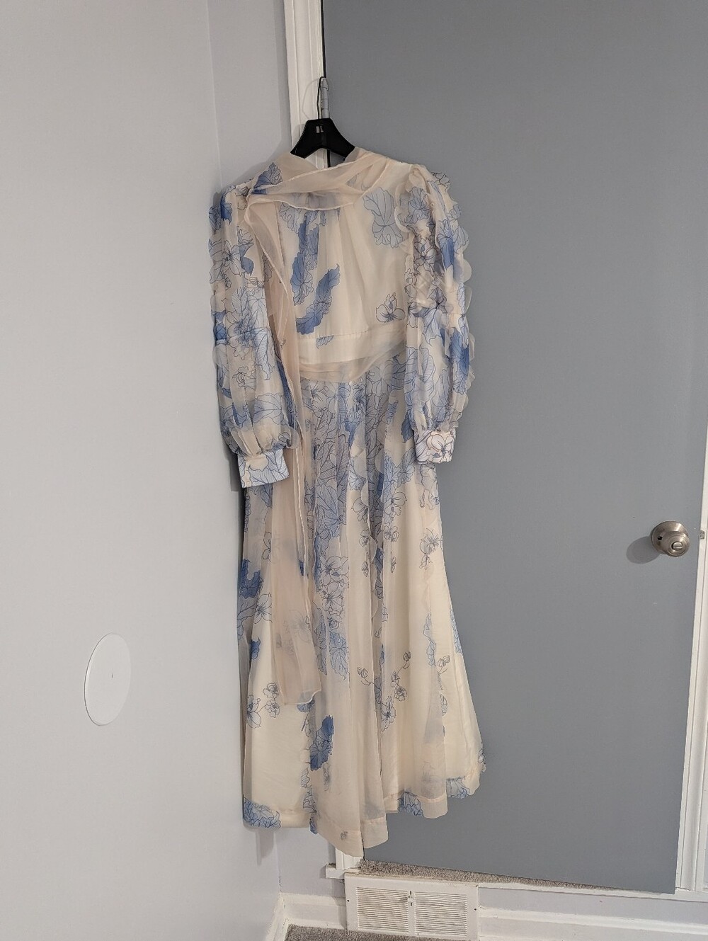 Blue & Cream Floral Formal Gown | Sheer Puff Sleeves | Romantic Garden Party Max